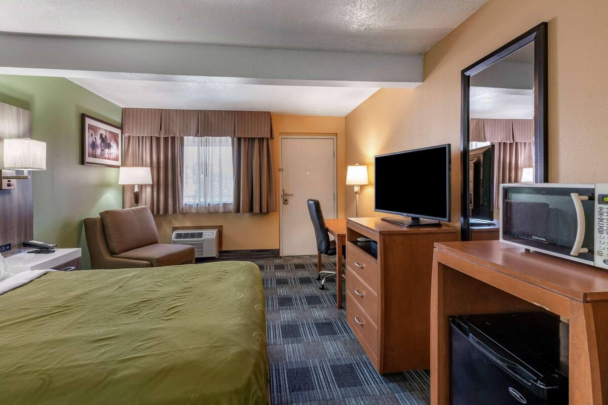 A hotel room with a bed, a desk with a television, a chair, a desk lamp, and a microwave.