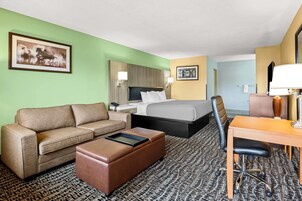 Una habitación de hotel con cama, sofá, escritorio y una silla.
