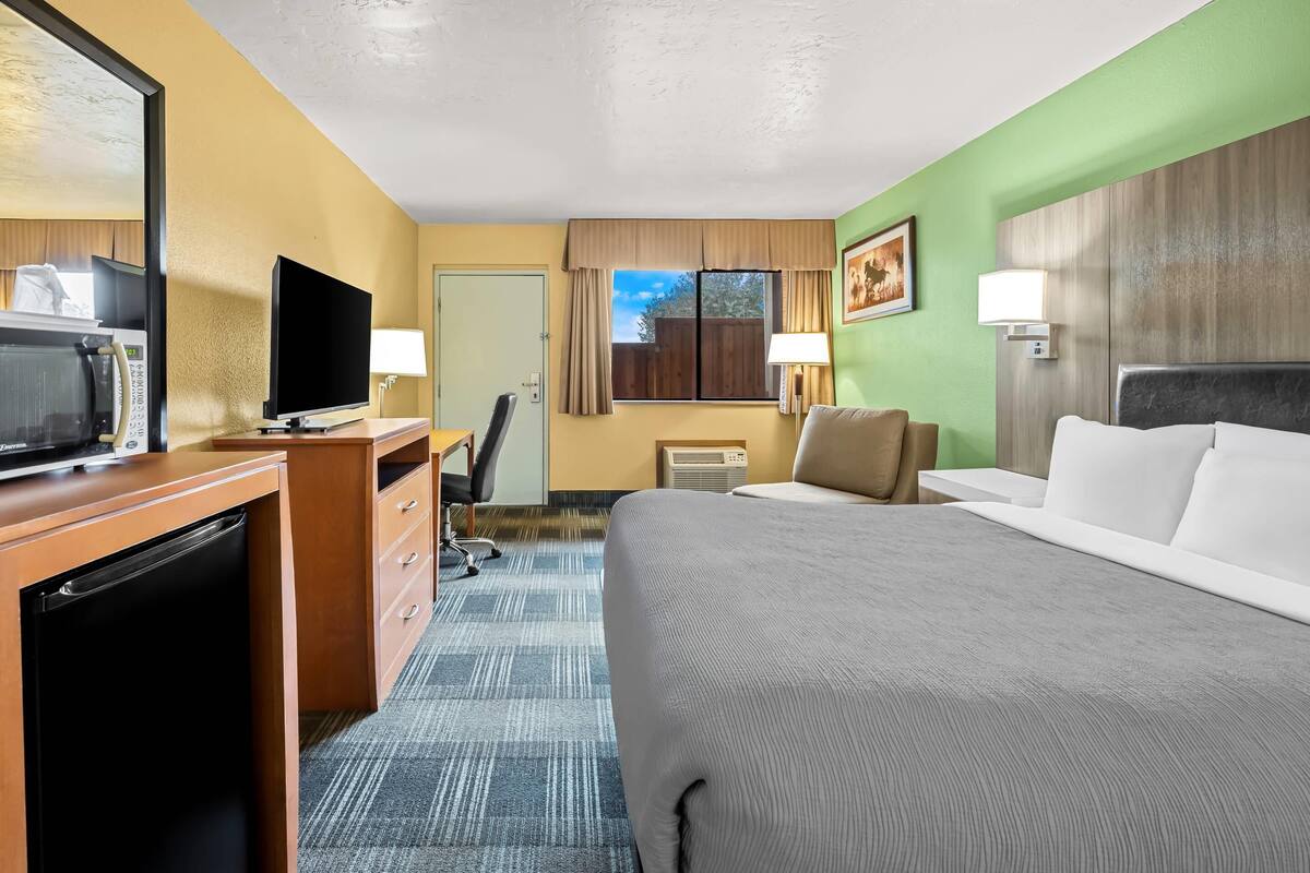 A hotel room with a bed, desk, television, and a view of the outdoors.