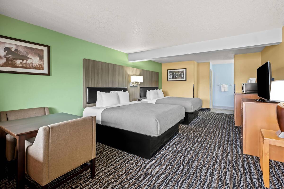 A hotel room with two beds, a desk, a chair, a TV, and a patterned carpet.