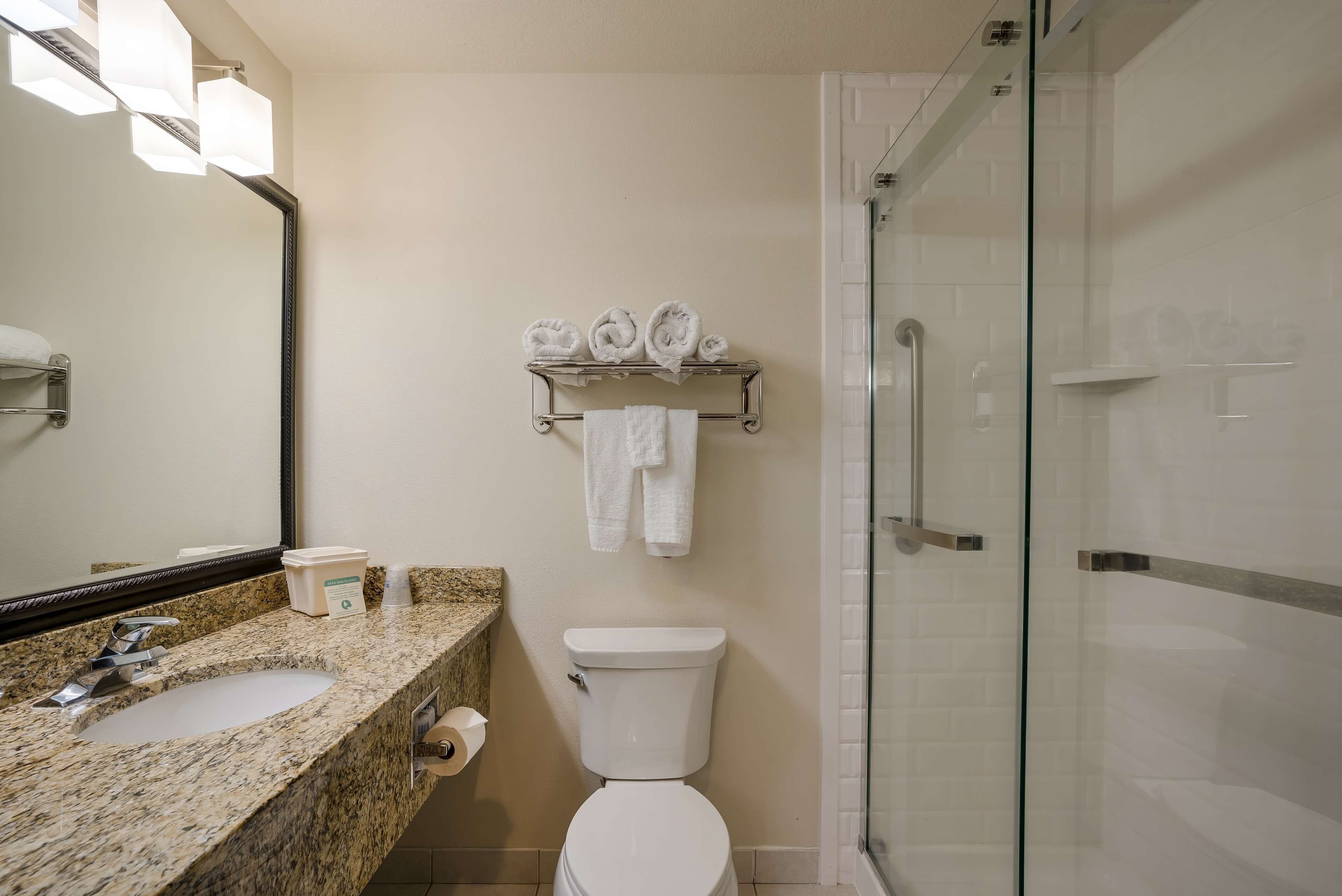 suite, 1 king bed, non smoking, refrigerator & microwave | bathroom | free toiletries, hair dryer, towels