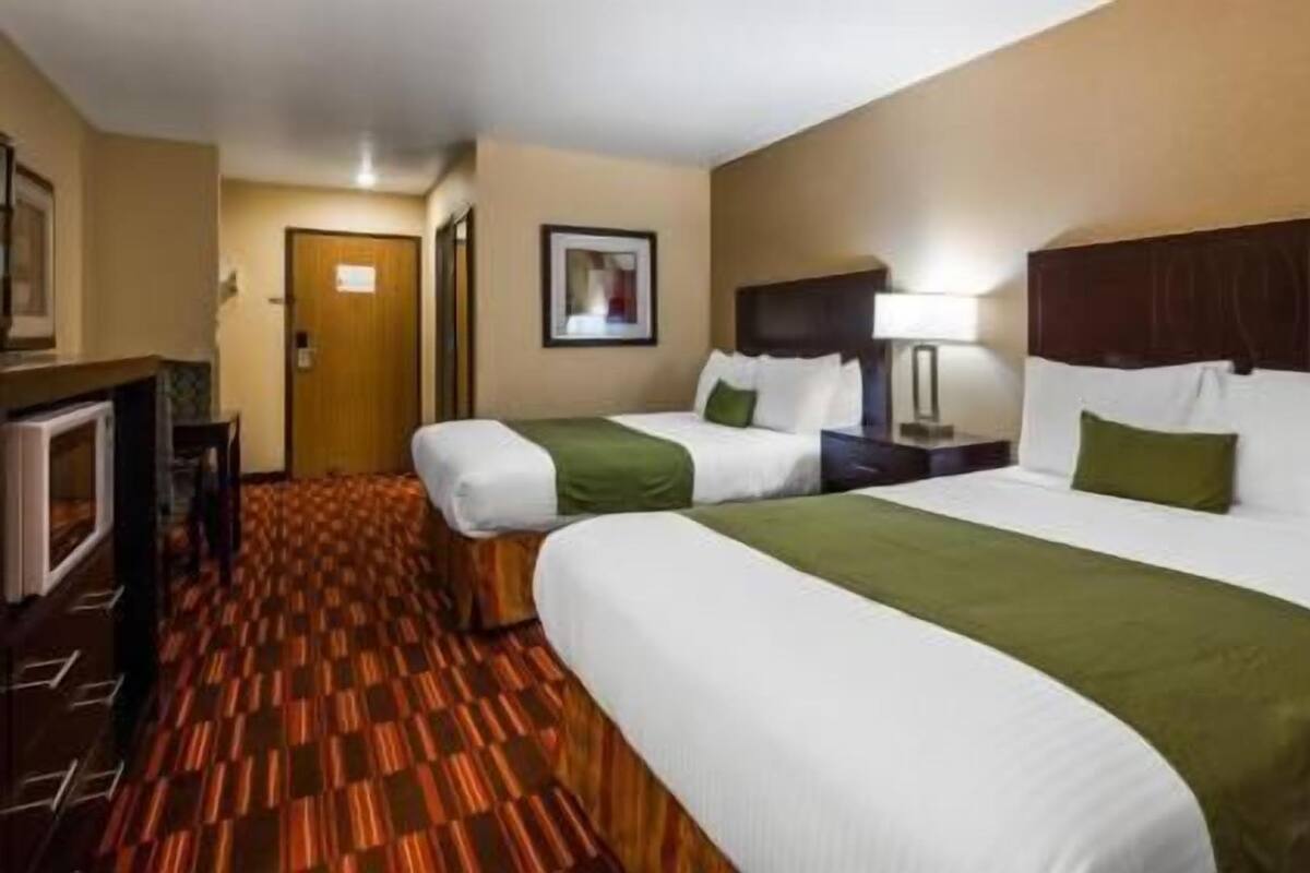 Quarto de hotel com duas camas, televisão, escrivaninha e carpete estampado.
