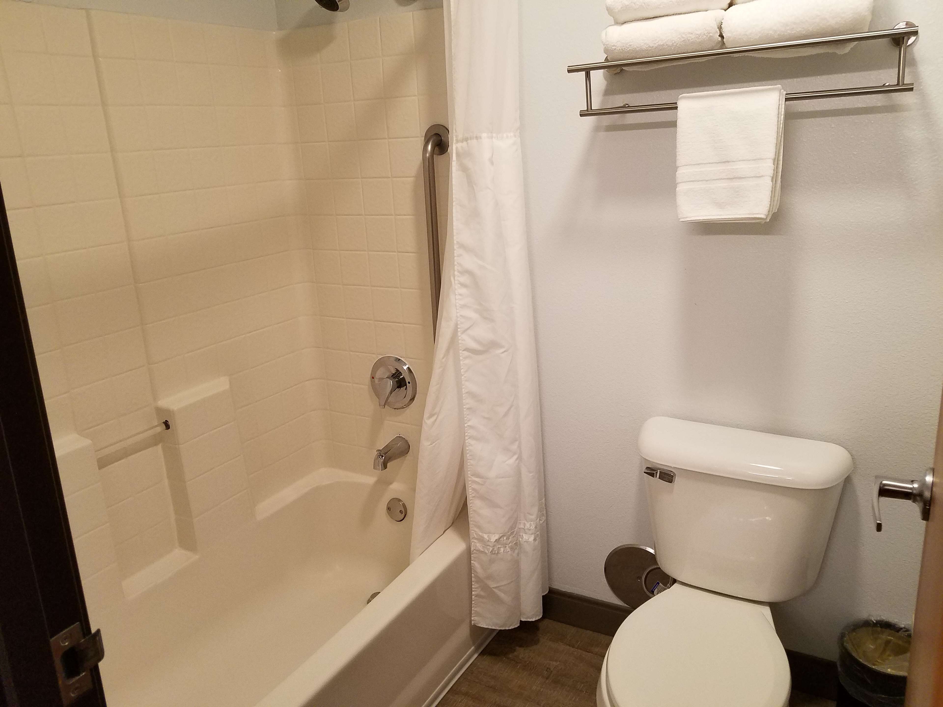 Een badkamer met een bad, toilet en een handdoekhouder.