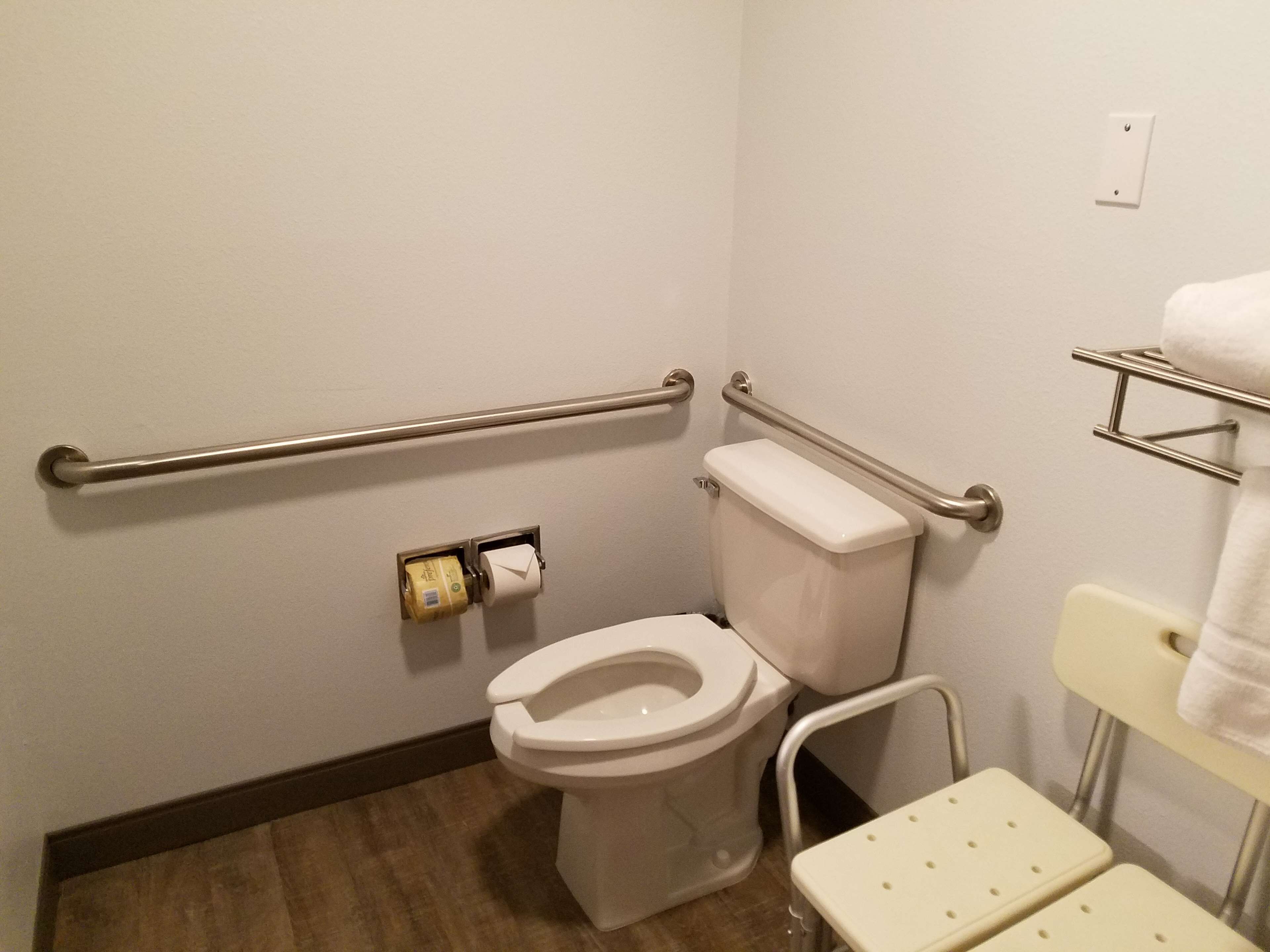 A small bathroom with a toilet, grab bars, a towel rack, and a toilet paper holder.