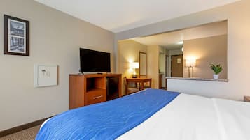 Habitación de hotel con una cama grande, un escritorio con televisor, una lámpara y una planta.