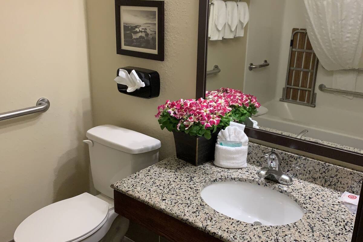 room, 2 queen beds, accessible, non smoking | bathroom | combined shower/bathtub, hair dryer, towels