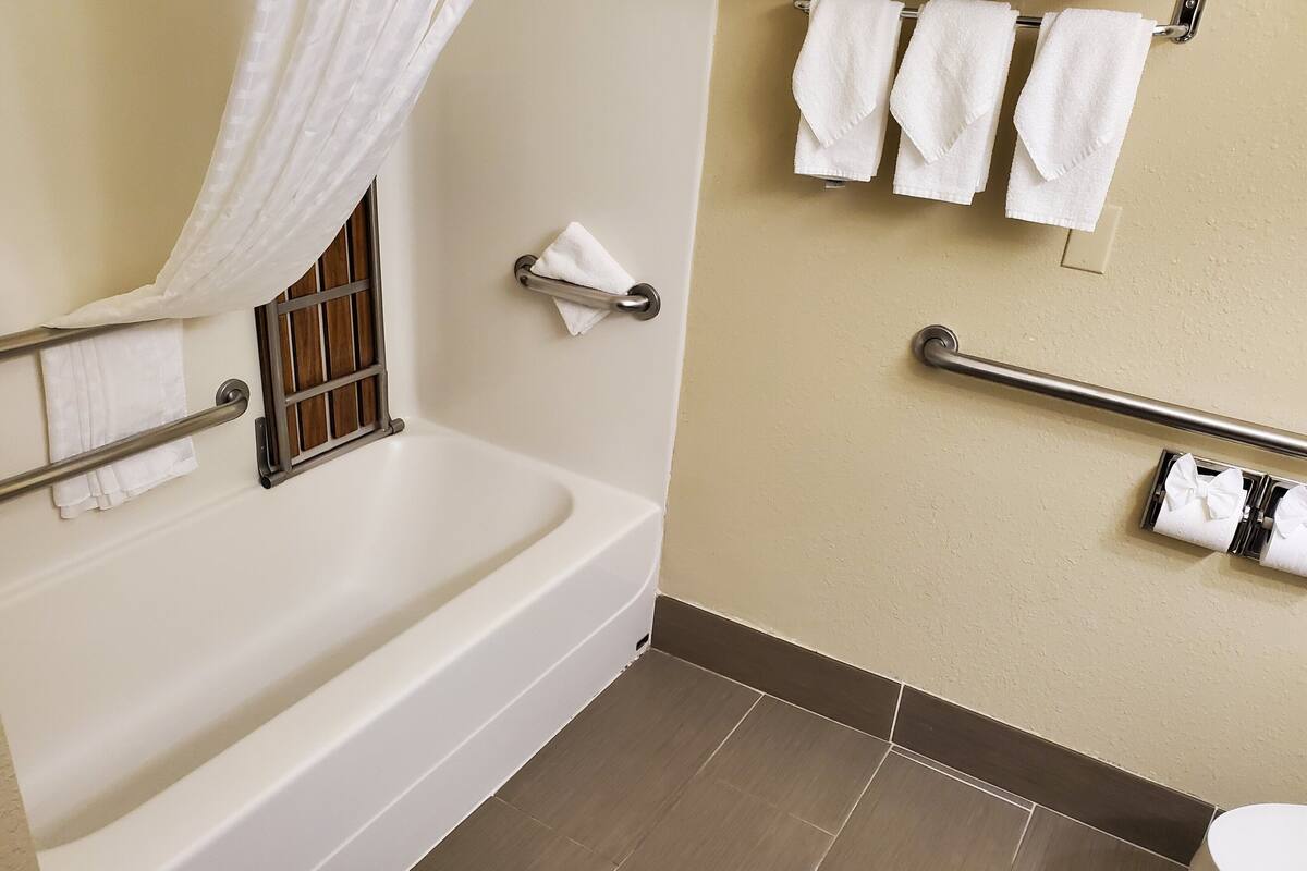 room, 2 queen beds, accessible, non smoking | bathroom | combined shower/bathtub, hair dryer, towels