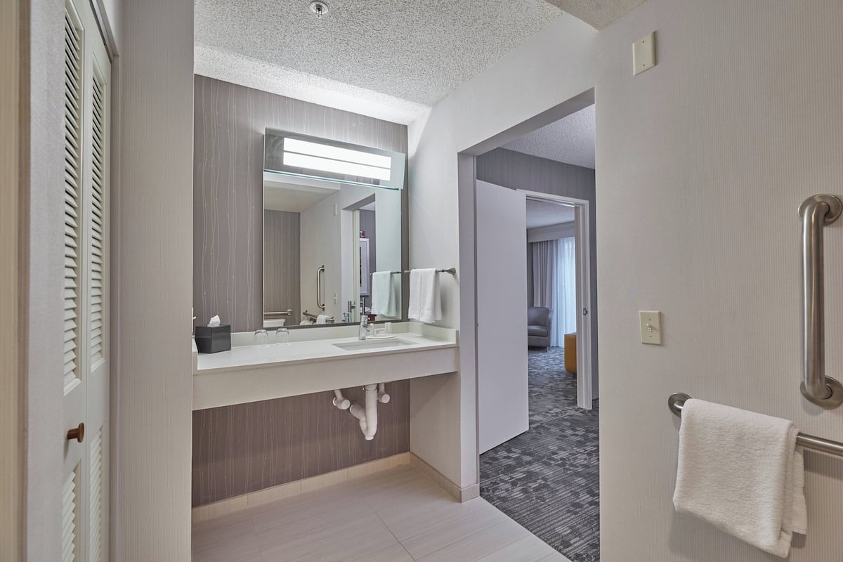 Un baño moderno con un espejo grande, un lavabo y un perchero para toallas.