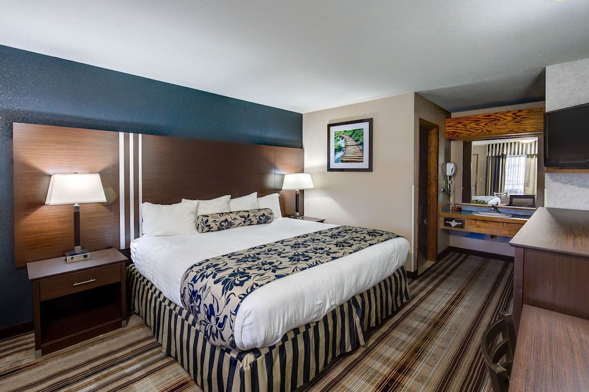 Habitación de hotel con una cama grande, dos mesitas de noche con lámparas, un cabecero de madera, un cuadro enmarcado en la pared, un espejo sobre el lavabo y alfombra a rayas.