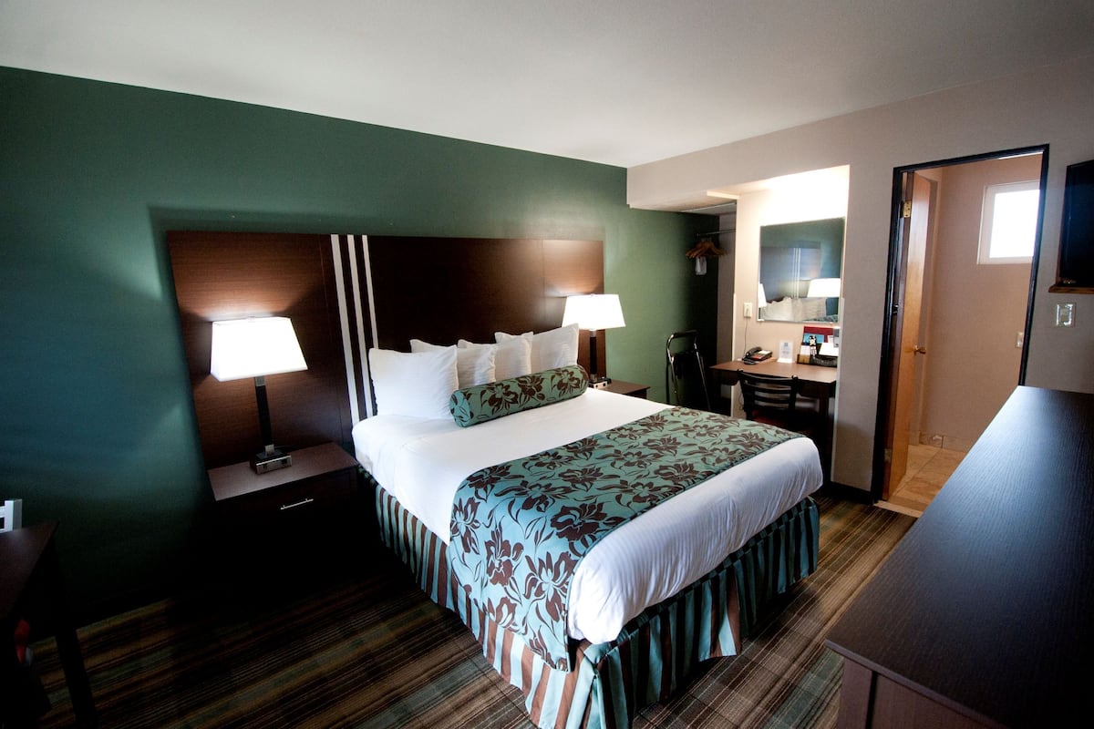 Una habitación de hotel con cama, lámparas de noche, cómoda, espejo y televisor.