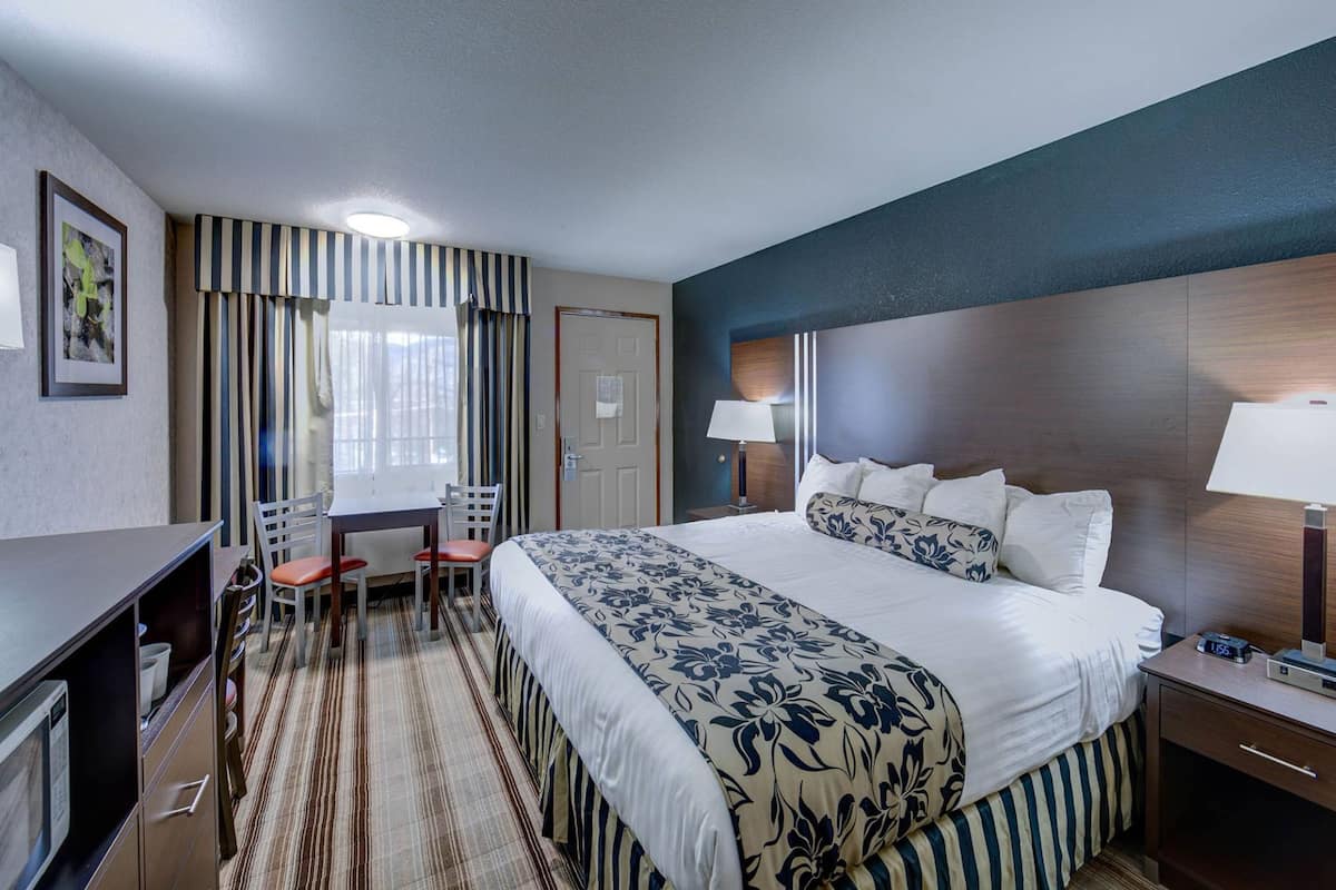 Una habitación de hotel con cama, escritorio, silla y ventana con cortinas.