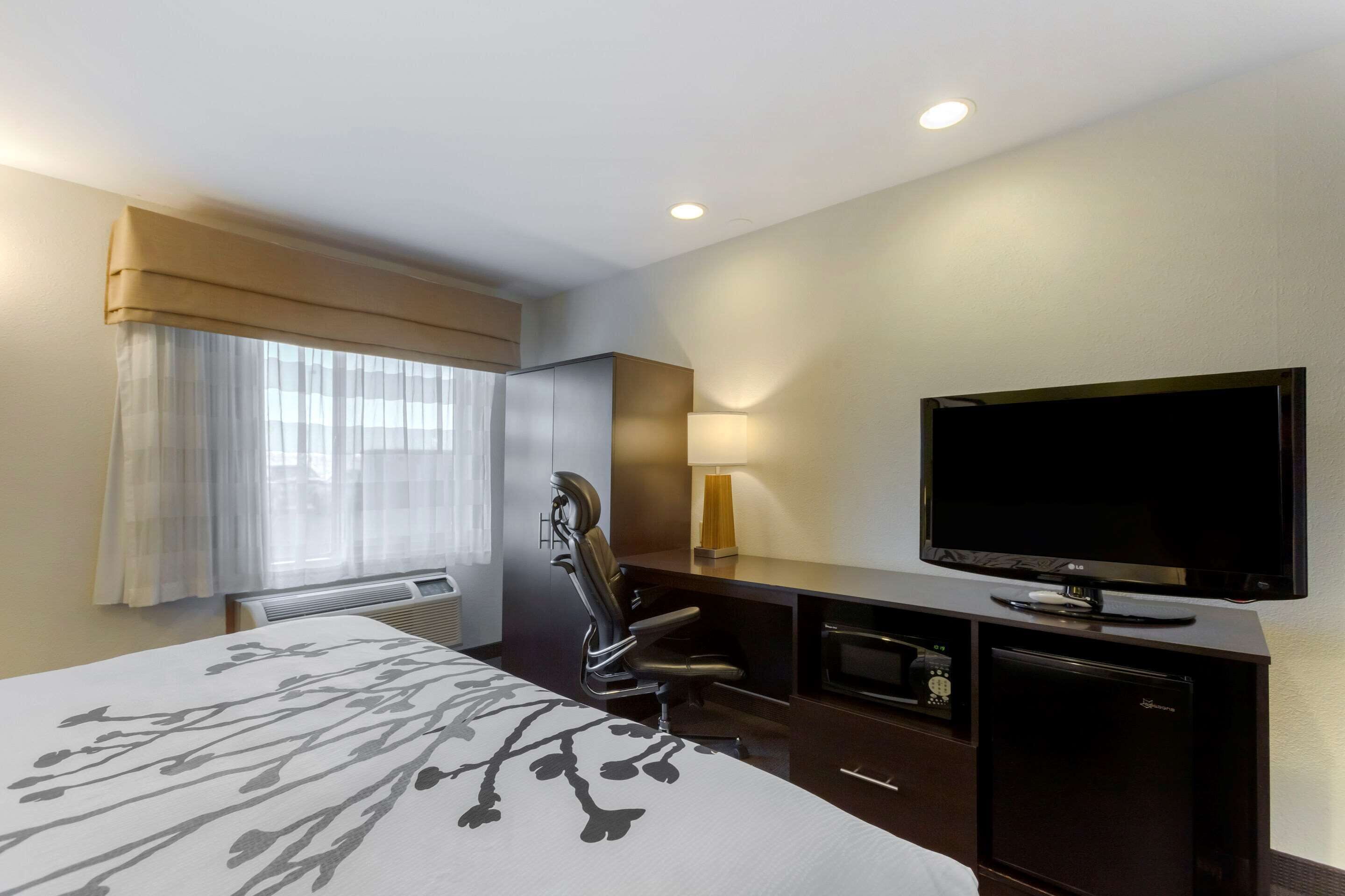 Una habitación de hotel con una cama, un escritorio con televisor, una silla y una lámpara.