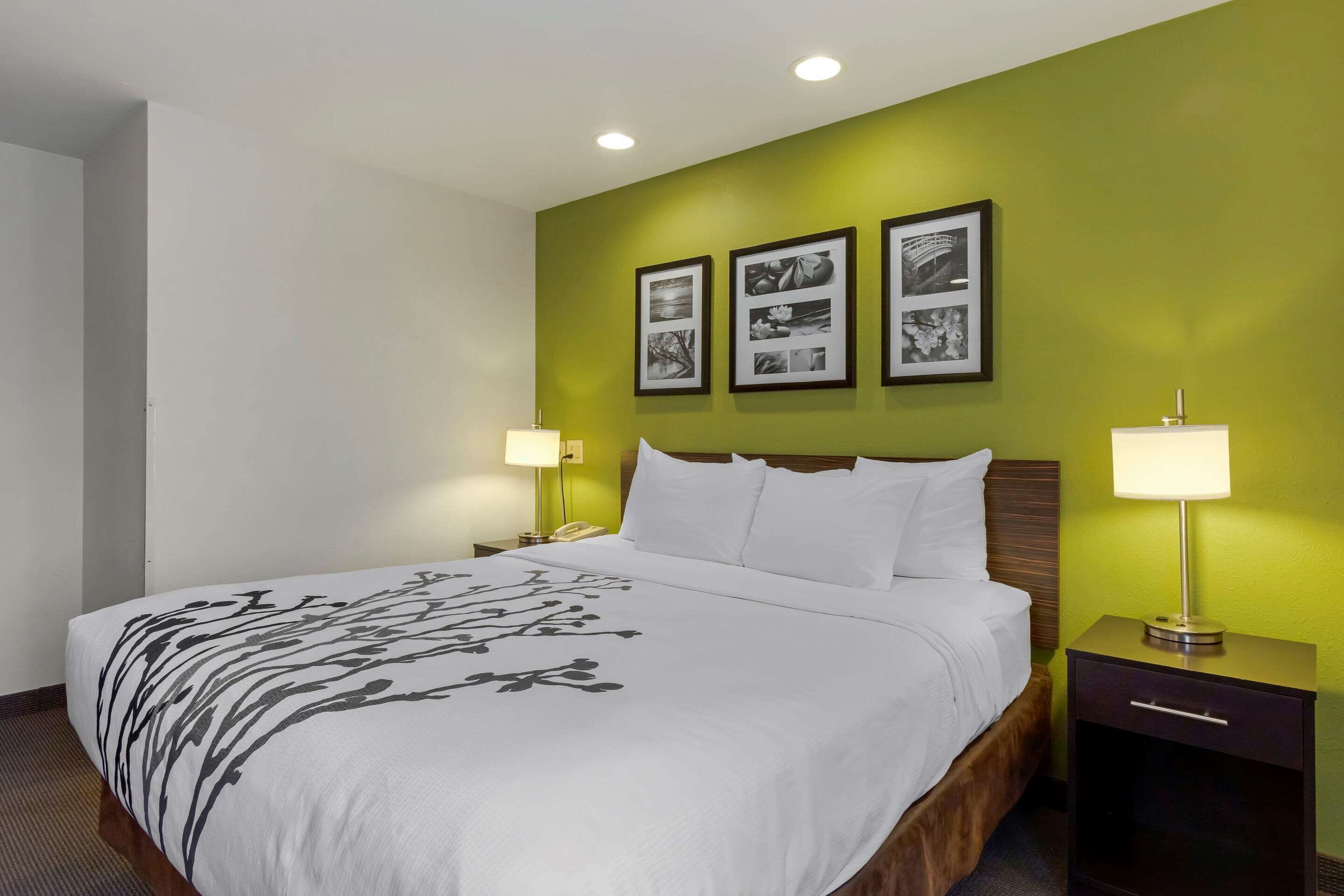 A hotel room with a large bed, two bedside tables with lamps, and three framed pictures on the wall.