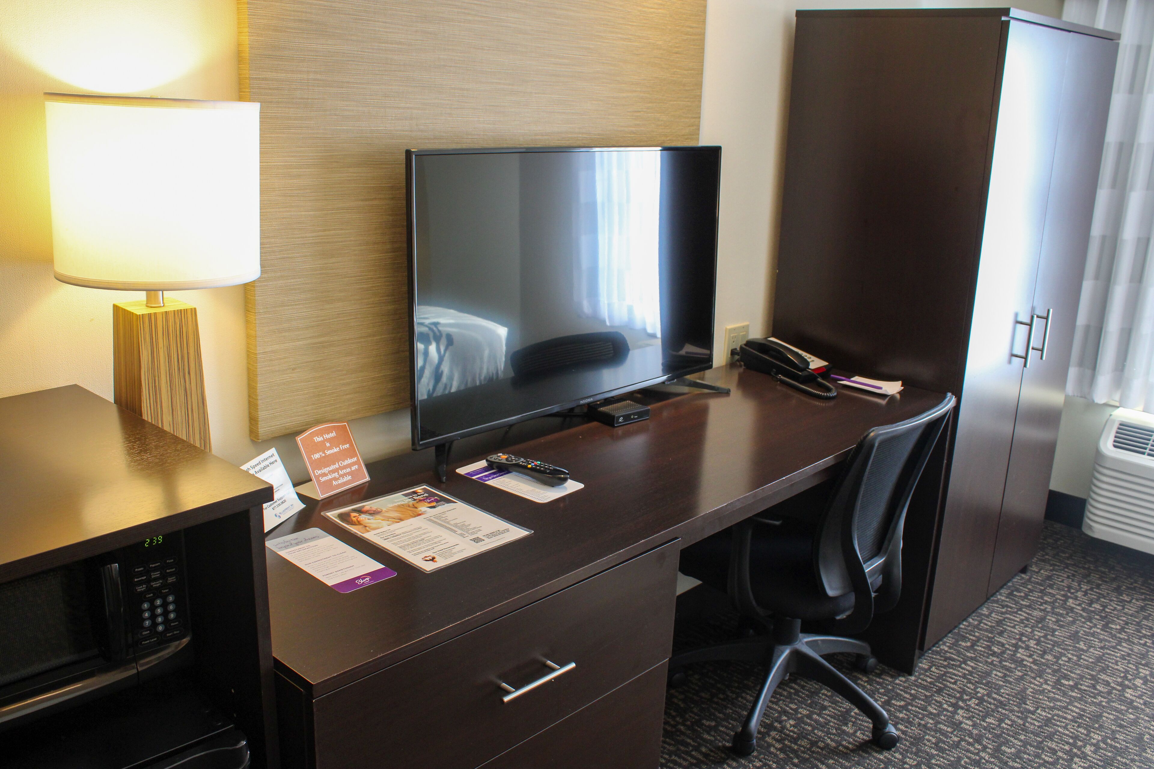 down duvets, desk, laptop workspace, blackout curtains