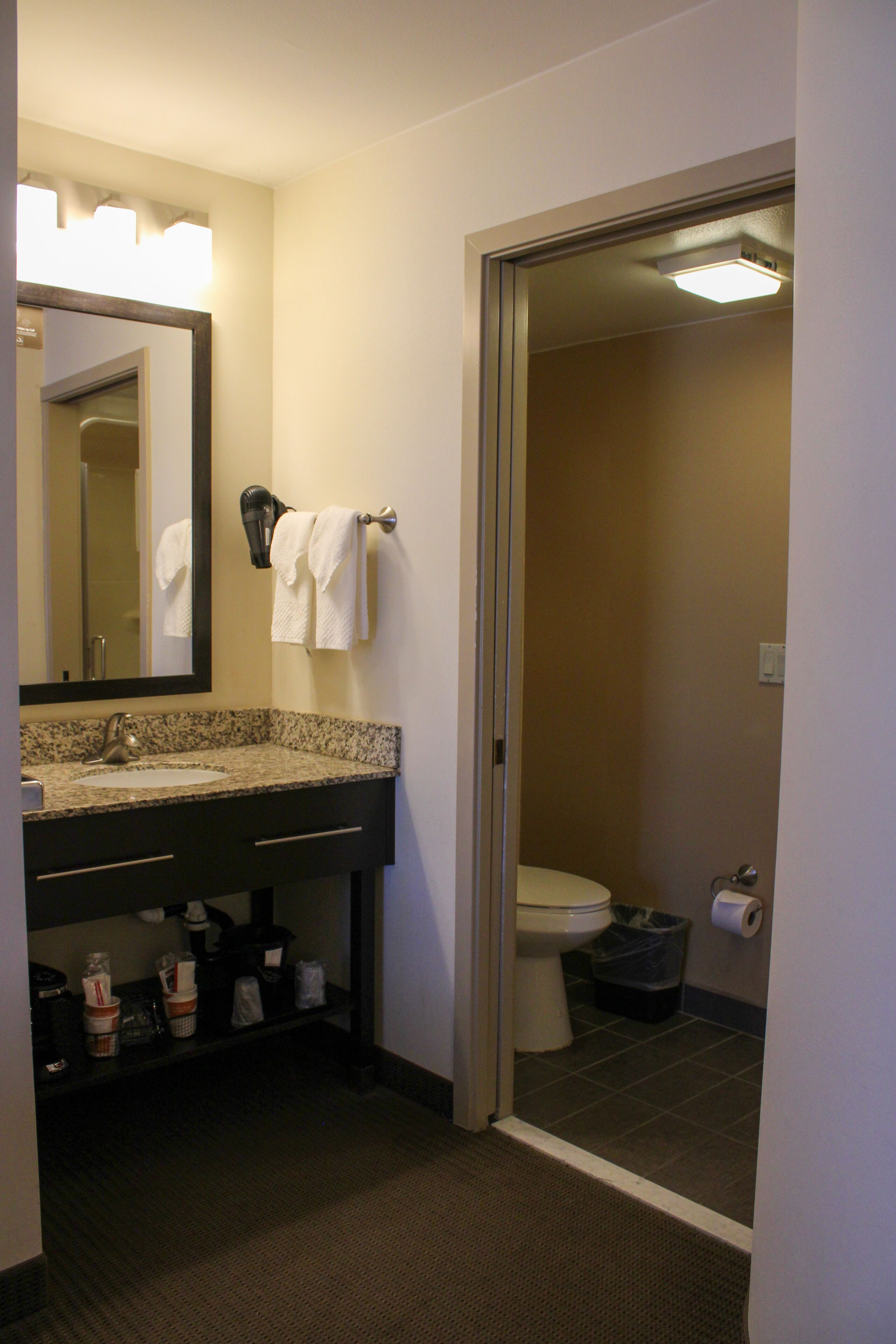 free toiletries, hair dryer, towels