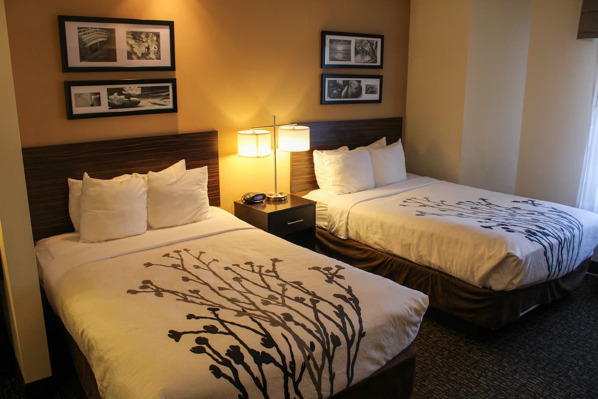 Quarto de hotel com duas camas, cada uma com colcha estampada floral, mesa de cabeceira com abajur e quadros nas paredes.