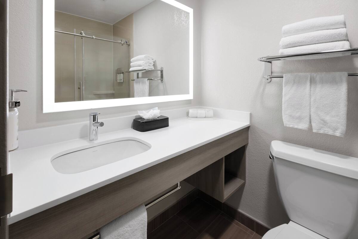 A modern bathroom with a large mirror, a sink, a toilet, and a towel rack.