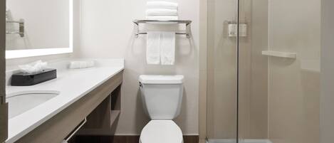 A modern bathroom with a toilet, sink, and glass shower enclosure.