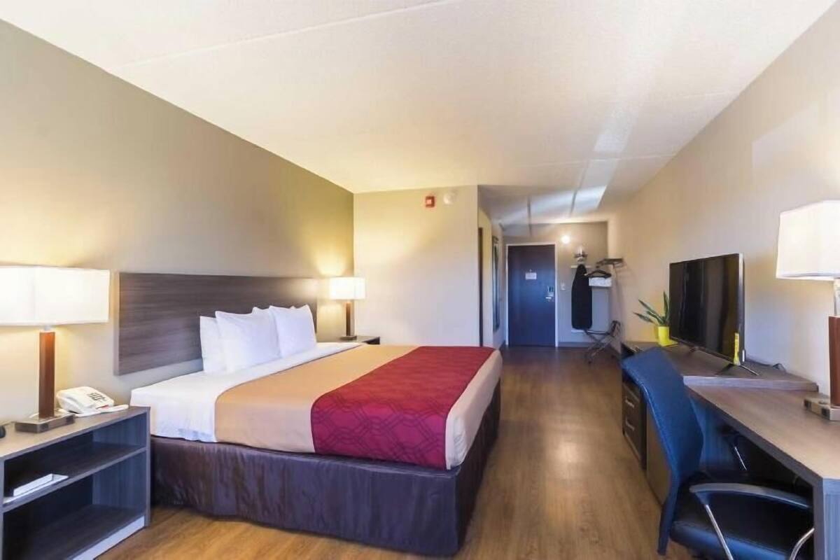 A hotel room with a bed, desk, chair, TV, and a small table with a lamp.
