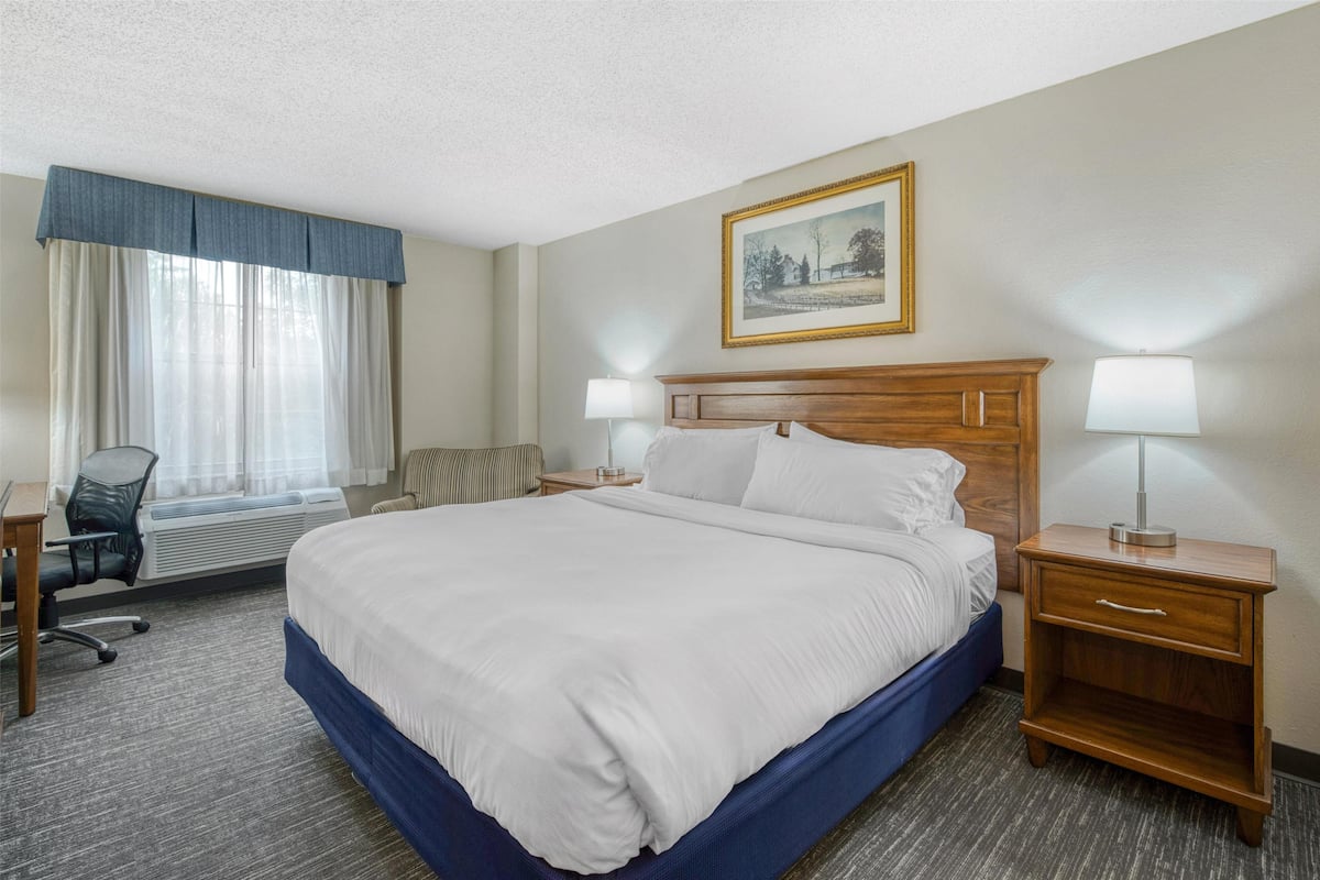 Une chambre d’hôtel avec un grand lit, deux tables de chevet avec des lampes, une chaise, un bureau et une fenêtre avec des rideaux.