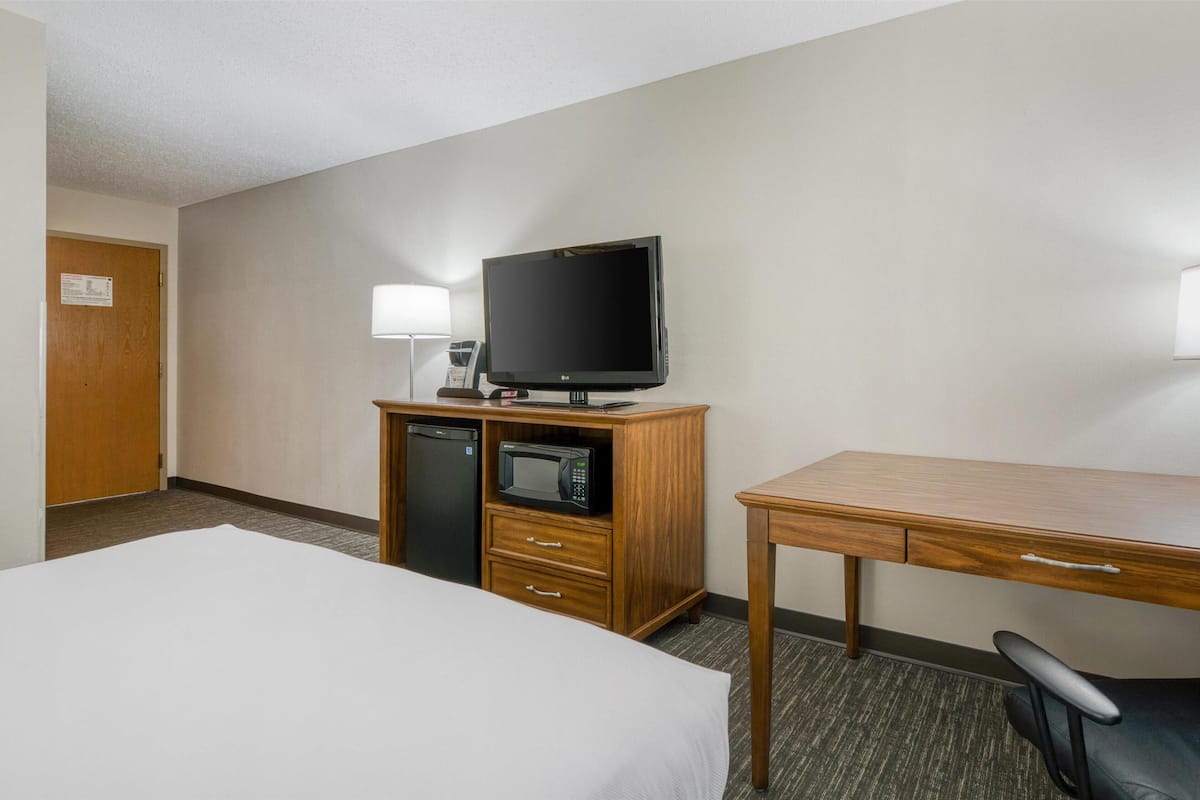 Une chambre d’hôtel équipée d’un lit, d’un bureau, d’une télévision, d’un four à micro-ondes et d’un réfrigérateur.