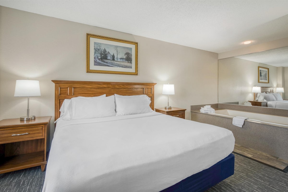 Une chambre d’hôtel avec un grand lit, deux tables de chevet avec des lampes, une salle de bain avec un miroir et un tableau encadré au mur.