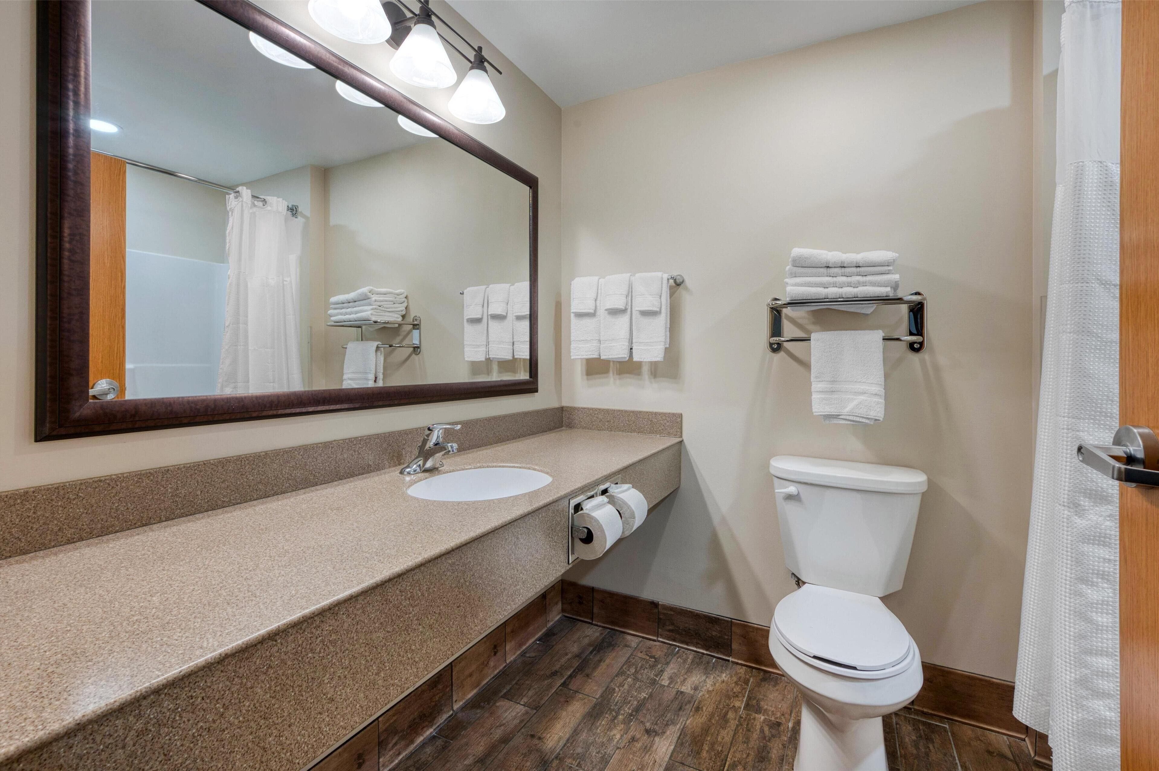 A bathroom with a sink, mirror, toilet, and towel rack.
