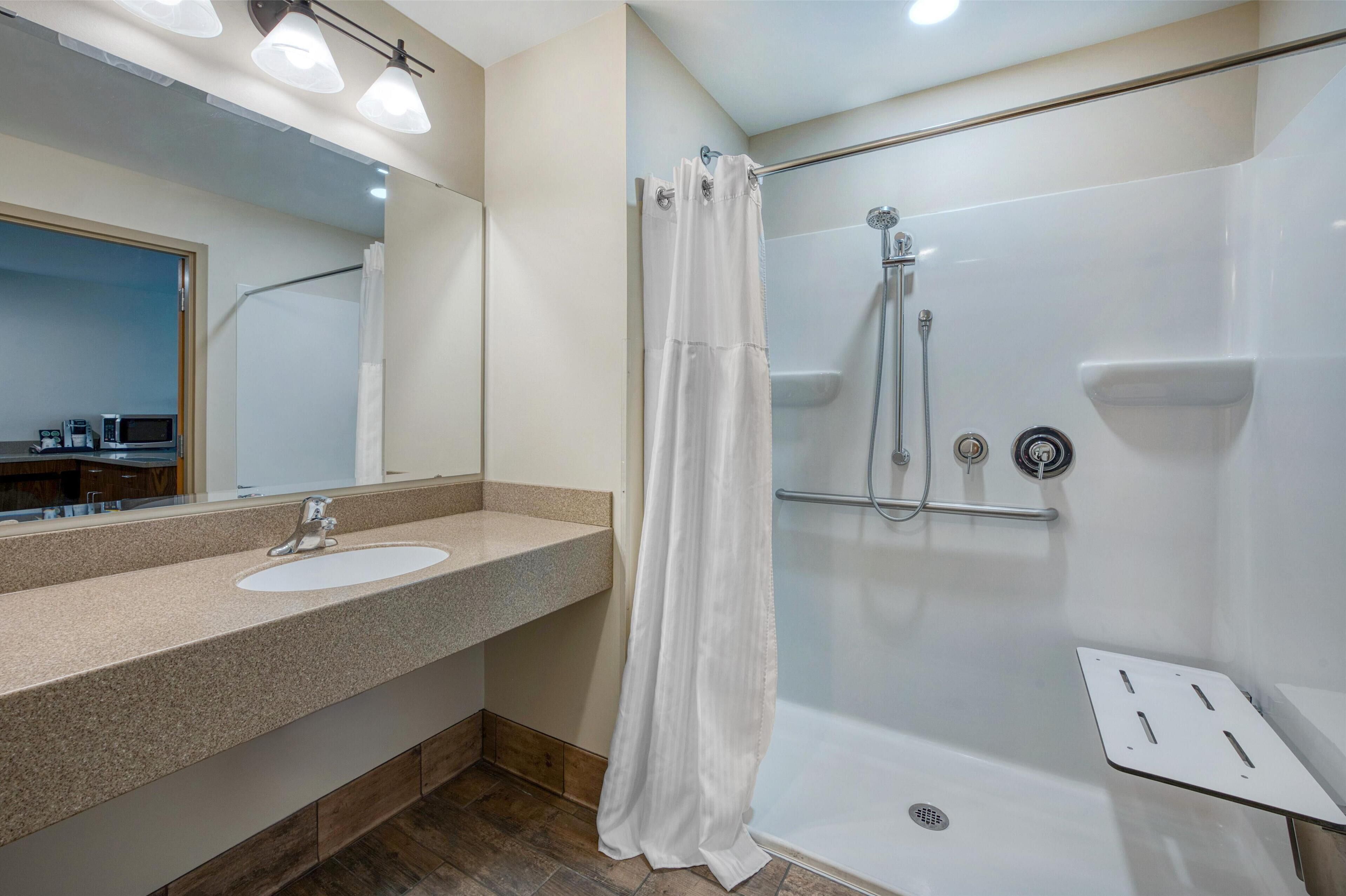 standard room, 1 king bed, accessible, refrigerator (larger room) | bathroom | combined shower/bathtub, eco-friendly toiletries, hair dryer, towels