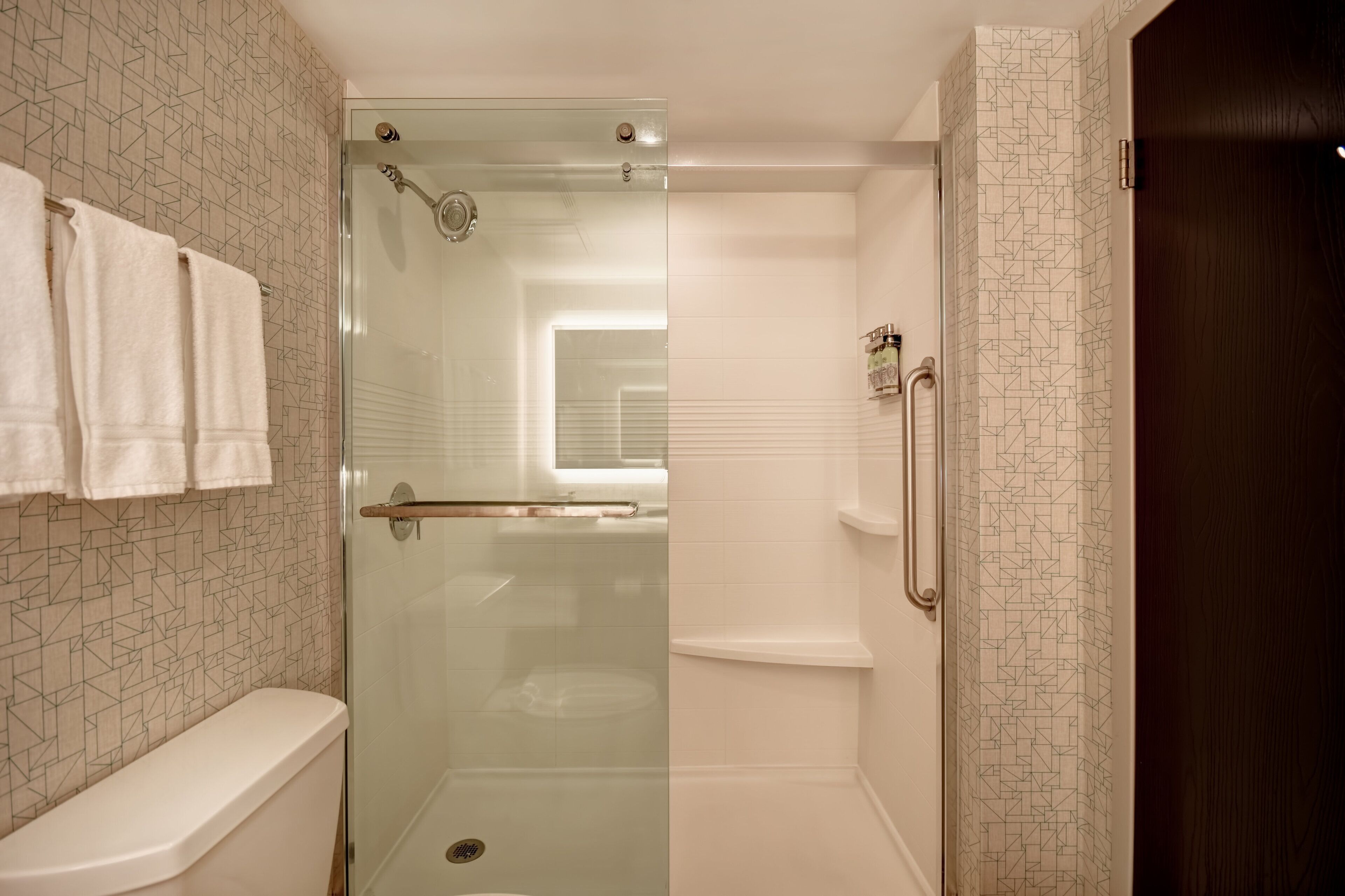 Une salle de bain moderne avec une douche à parois de verre, des toilettes blanches et une porte en bois foncé.