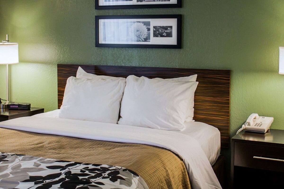 Ein Hotelzimmer mit Bett, zwei gerahmten Bildern an der Wand, einer Nachttischlampe, einem Telefon auf dem Nachttisch und einer gemusterten Tagesdecke auf dem Bett.