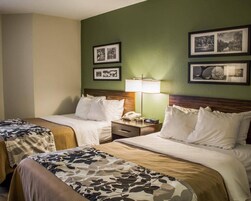 Habitación de hotel con dos camas, una mesita de noche con lámpara y cuadros en la pared.