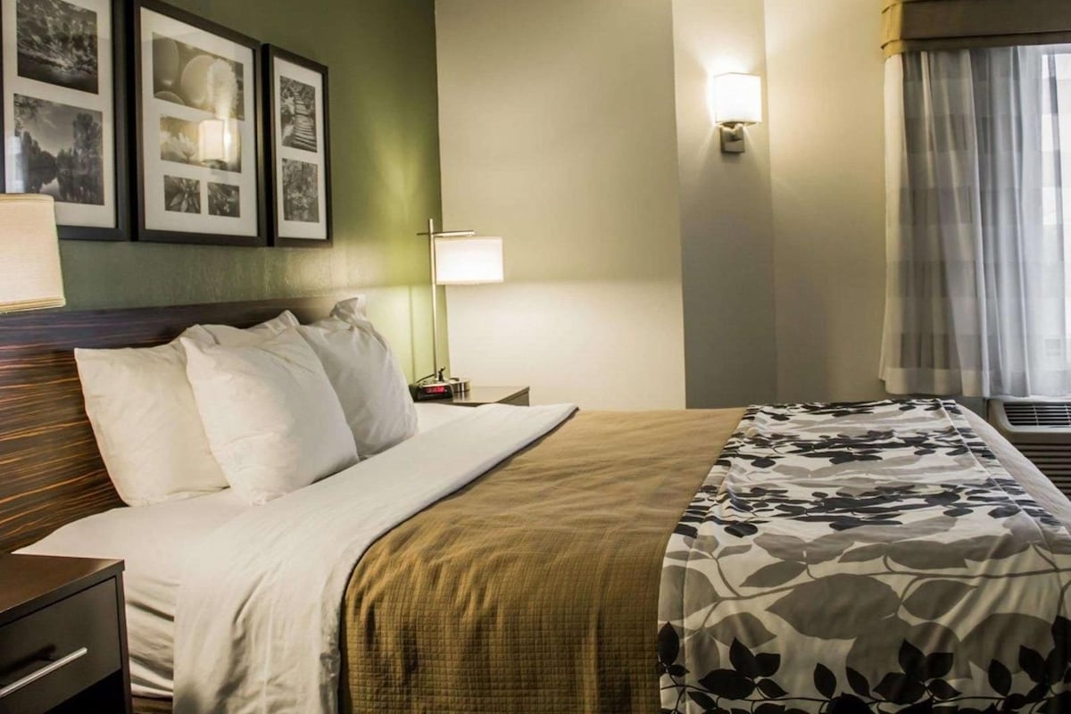 A hotel room with a bed, a nightstand, a lamp, a window with curtains, and framed pictures on the wall.