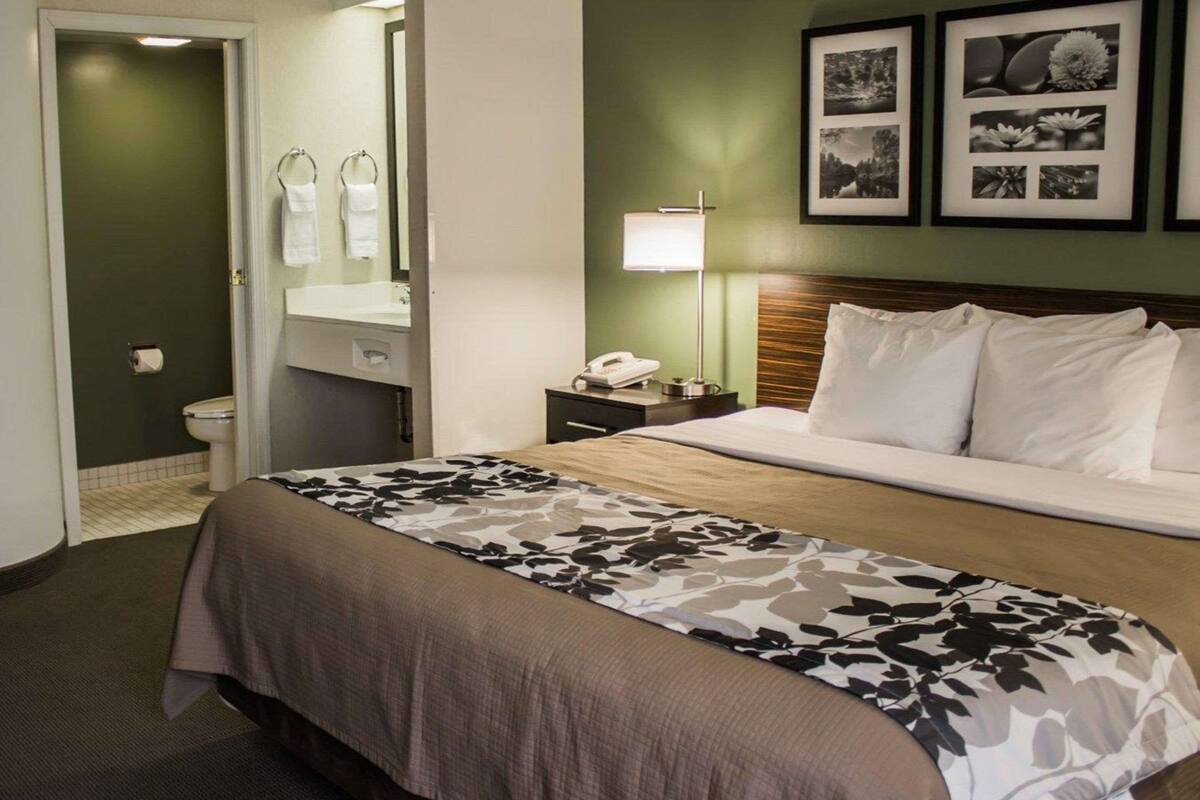 hypo-allergenic bedding, desk, laptop workspace, blackout curtains