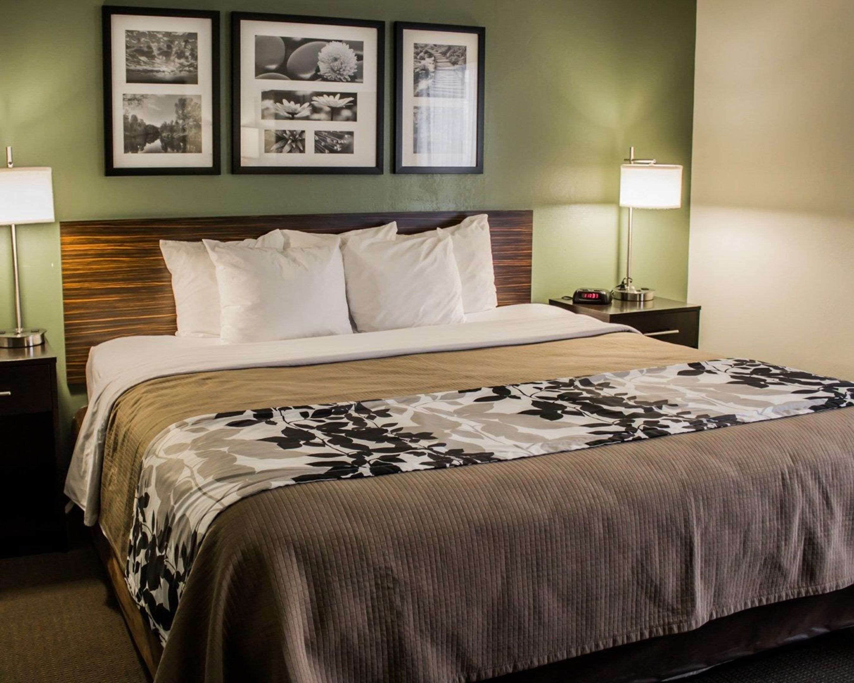 hypo-allergenic bedding, desk, laptop workspace, blackout curtains