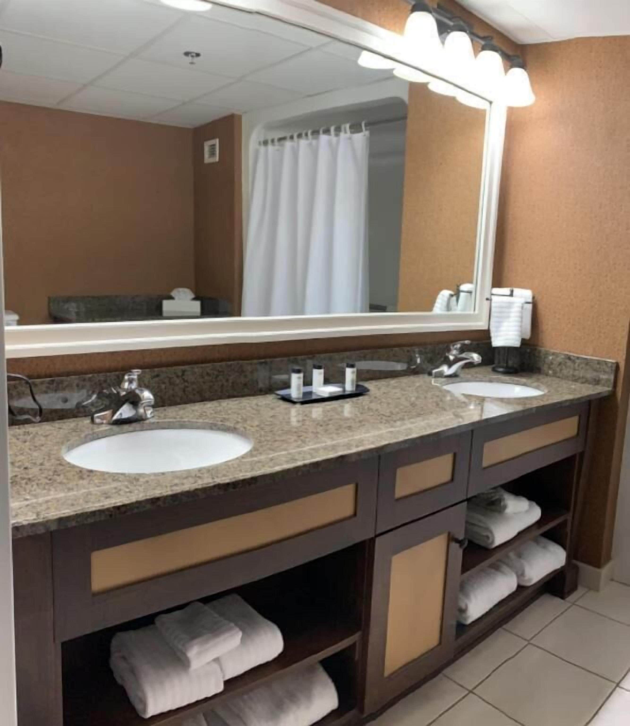 combined shower/bathtub, free toiletries, hair dryer, towels