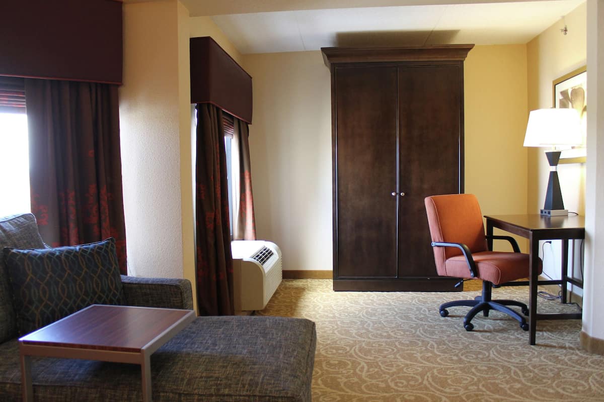 Una habitación de hotel con sofá, una mesita, una silla de escritorio, un armario y una lámpara.