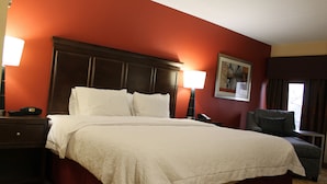 A hotel room with a large bed, a nightstand, a lamp, a chair, and a painting on the wall.