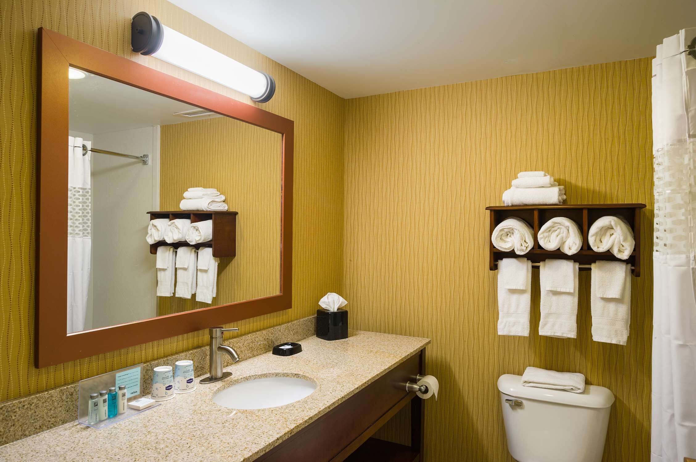 A bathroom with a sink, mirror, towel rack, and toilet.