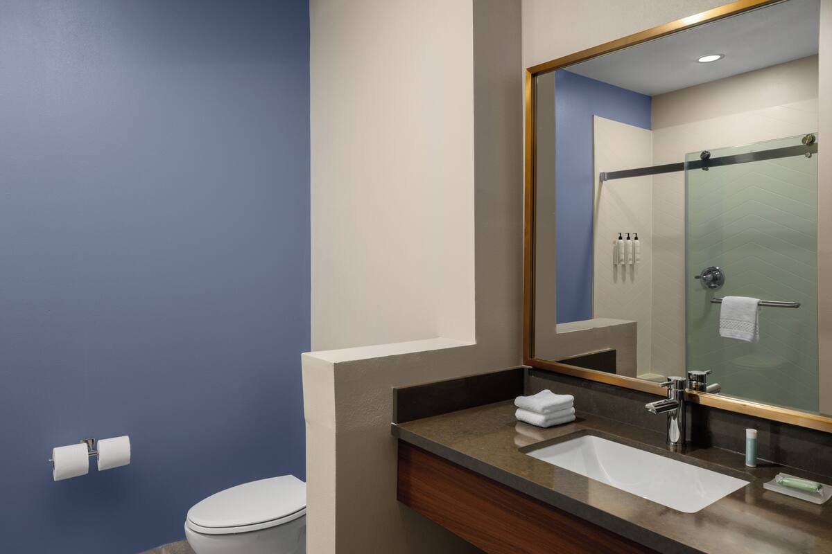 A bathroom with a toilet, sink, mirror, and shower area.