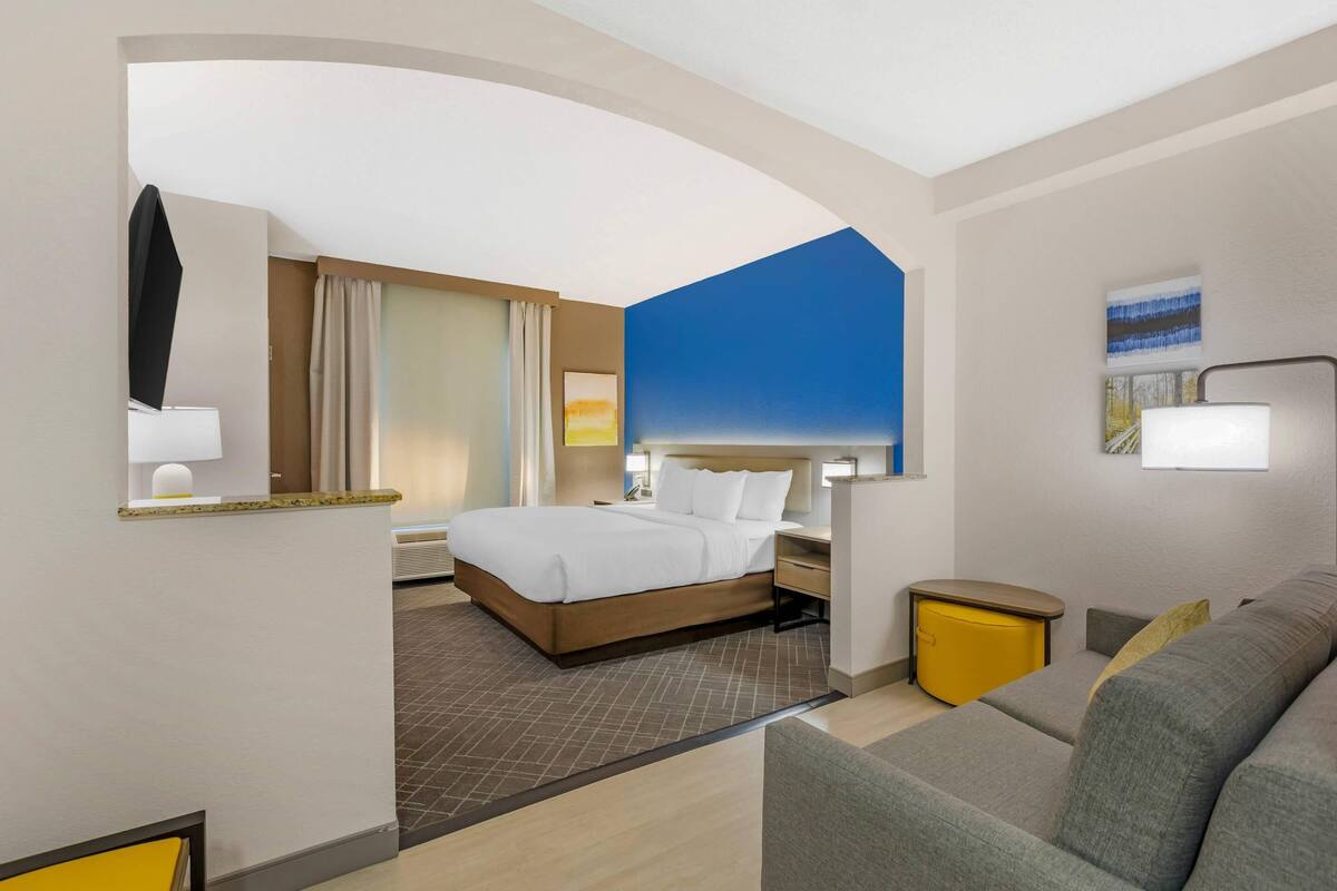 A hotel room with a bed, a desk, a chair, a small table, and a sofa.