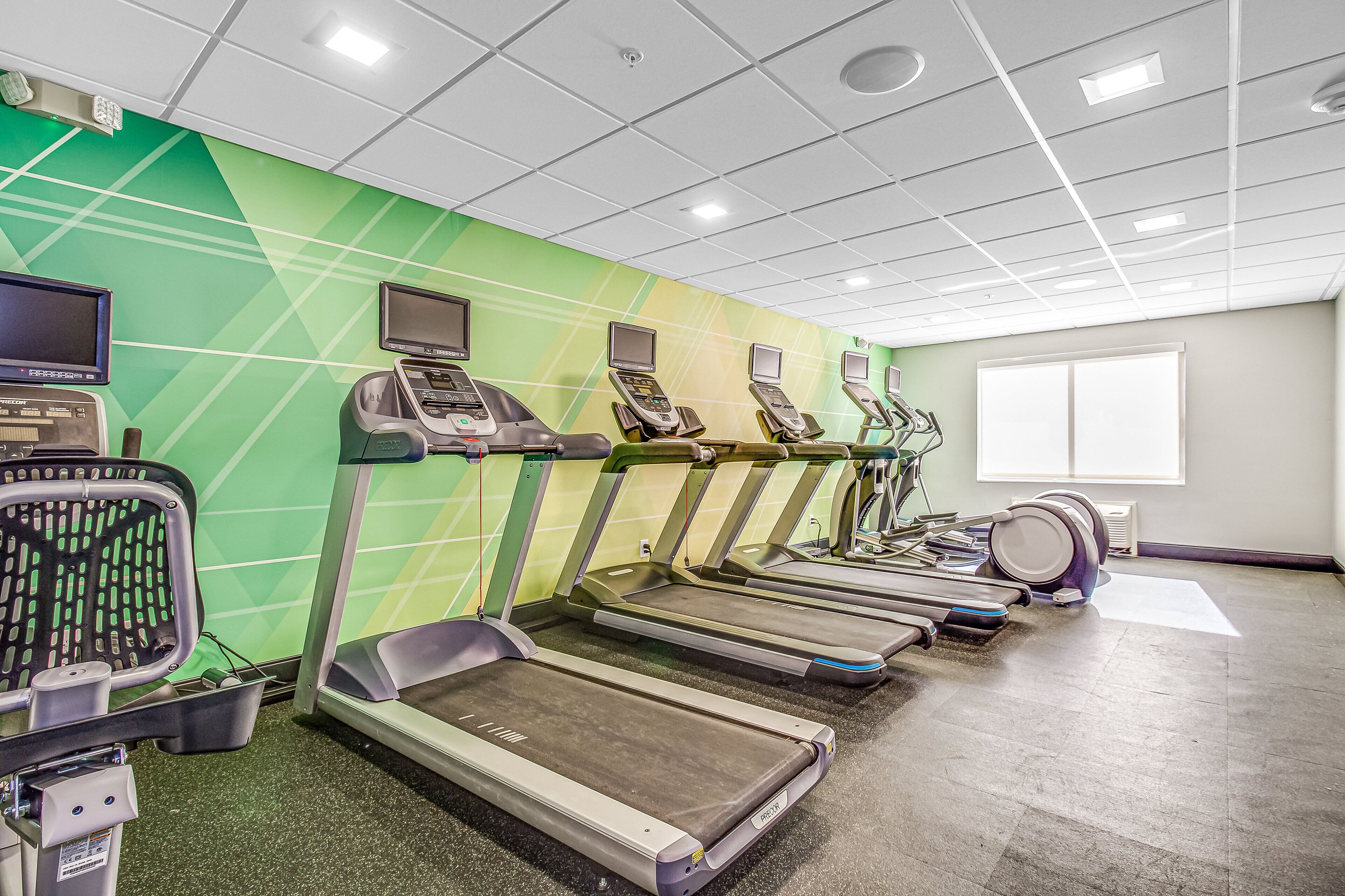 Ein Fitnessstudio mit Laufbändern, Ergometer und einem Hantelrad.