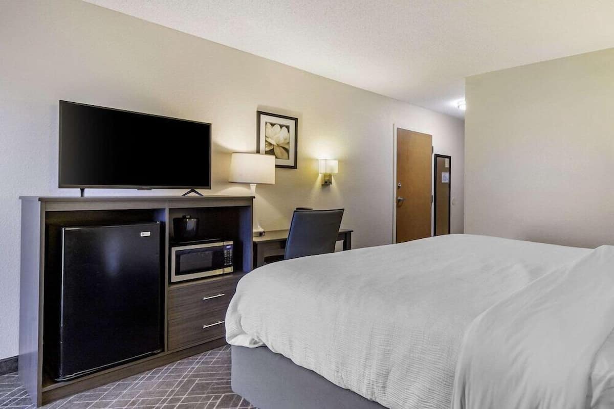 Ein Hotelzimmer mit einem Bett, einem Fernseher, einem Schreibtisch mit Stuhl, einer Mikrowelle und einem Kühlschrank.