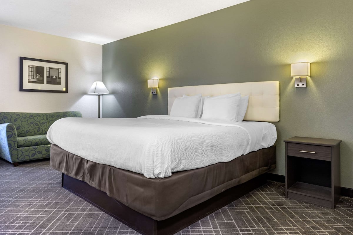 Ein Hotelzimmer mit einem großen Bett, einem Nachttisch, einer Lampe und einem grünen Sofa.