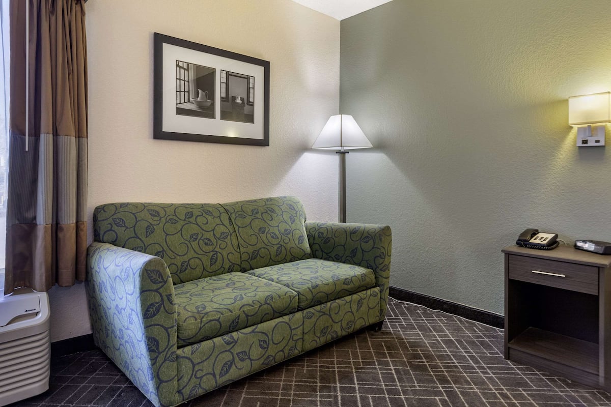 Ein Hotelzimmer mit einem grün gemusterten Sofa, einem gerahmten Bild an der Wand, einer Stehlampe, einem Nachttisch mit Telefon und einem Heizkörper.