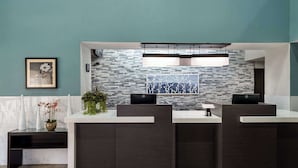 Un espace d’accueil au design moderne, comprenant un mur en pierre, deux comptoirs de réception et une plante en pot.