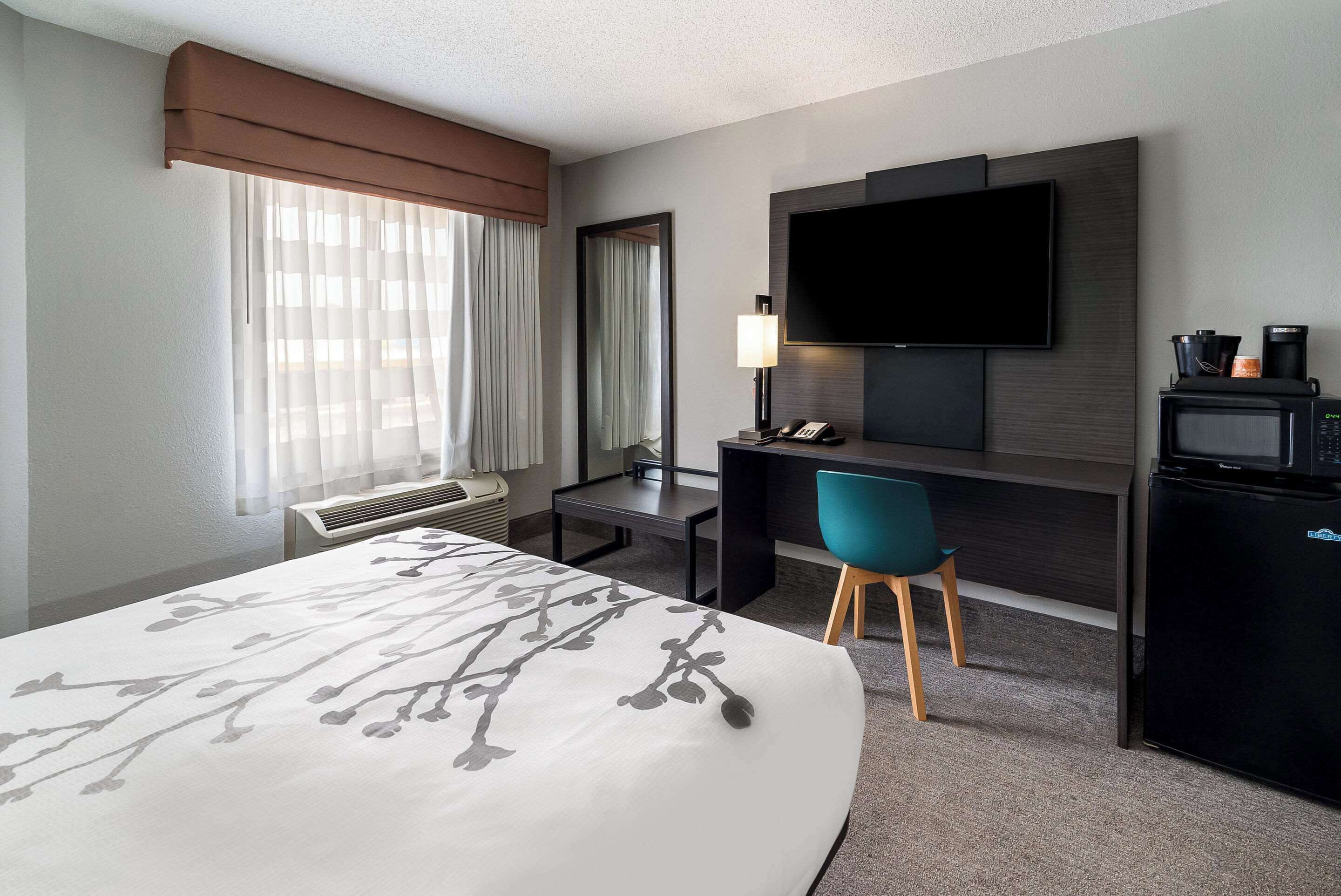 A hotel room with a bed, a desk, a chair, a television, and a microwave.