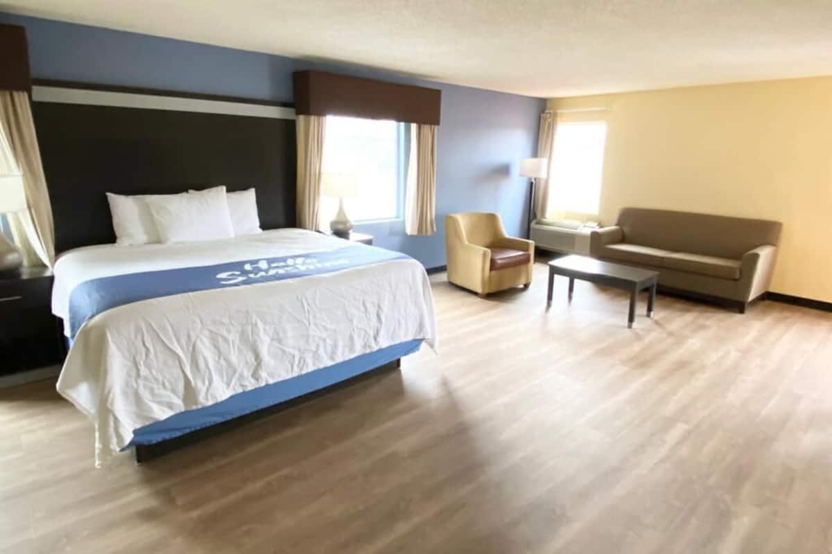 A hotel room with a large bed, a sofa, a chair, and a small table.