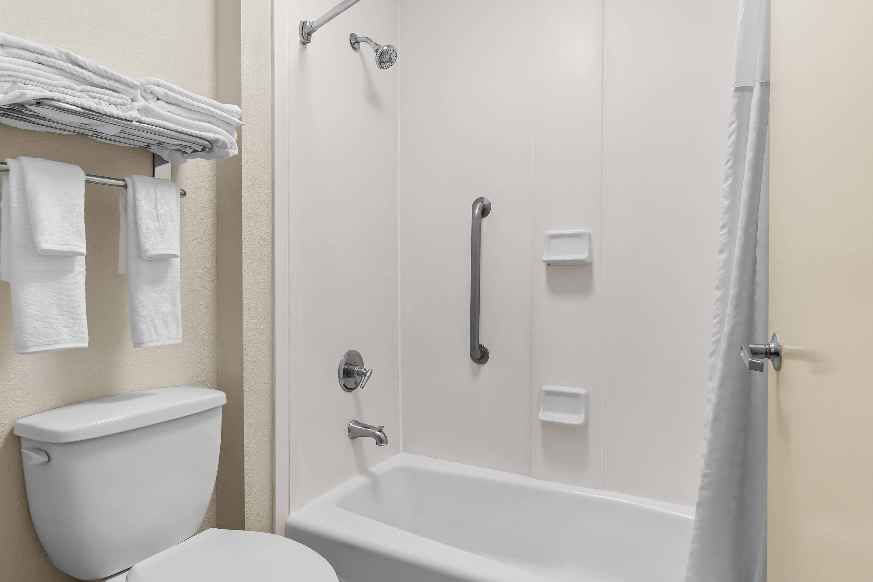 Ein Badezimmer mit Toilette, Badewanne, Dusche und Handtuchhalter mit gefalteten Handtüchern.