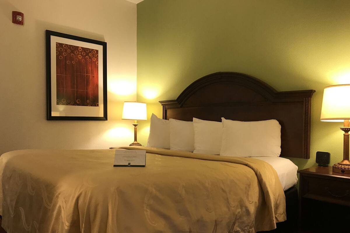 A hotel room with a bed, two bedside lamps, a framed picture on the wall, and a bedside table with a lamp.