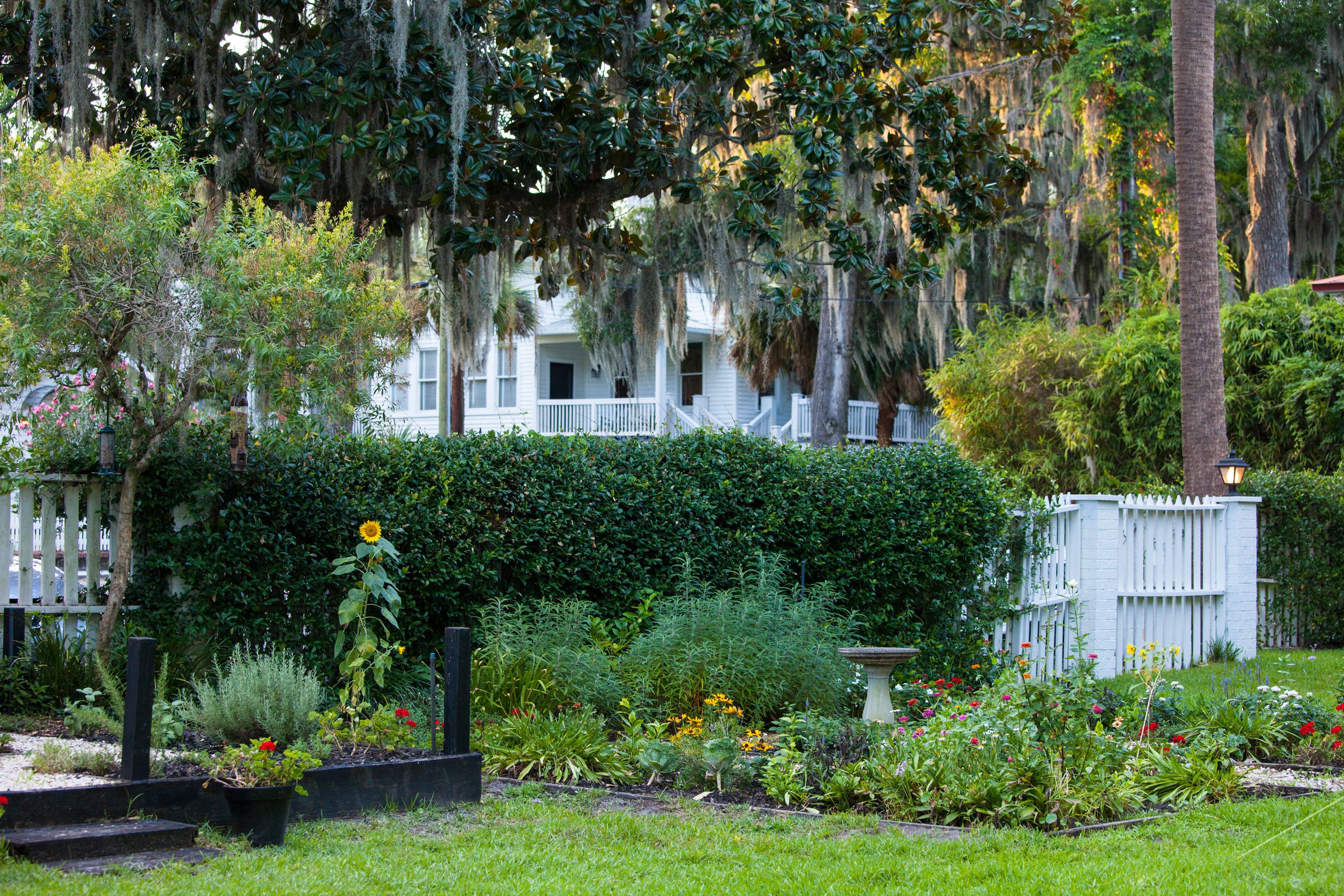 A white house with a porch, surrounded by a garden with various plants and flowers.